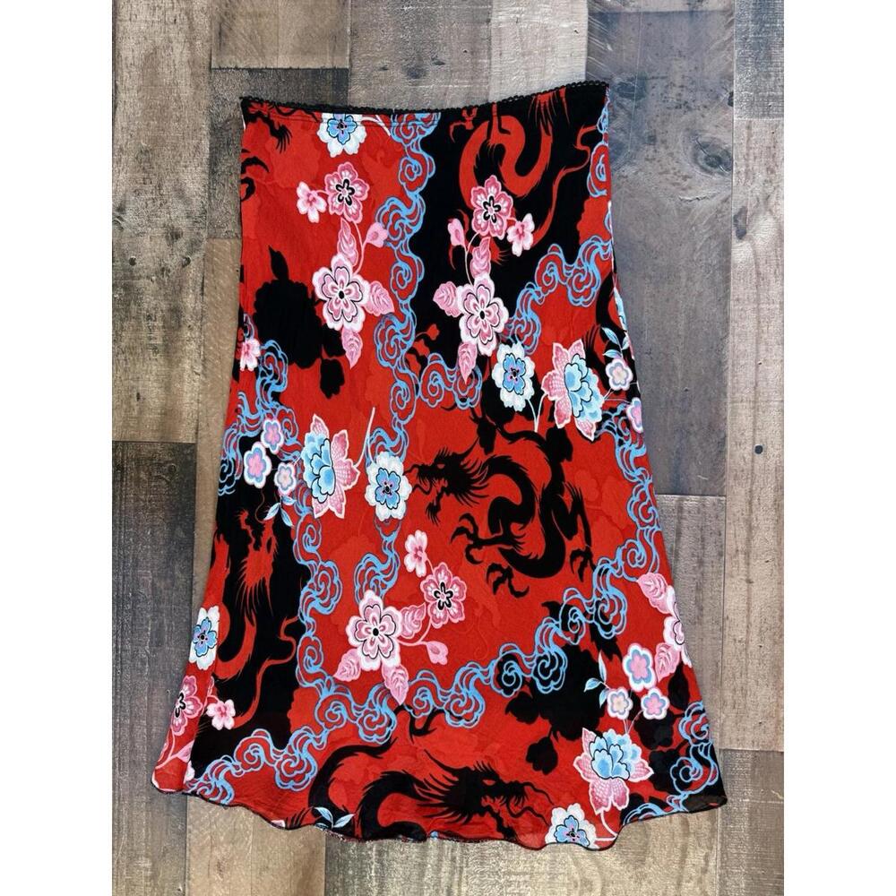 CLIO Vintage Red & Blue Floral Dragon Skirt Size M